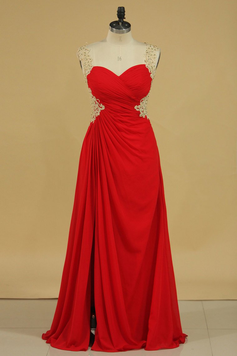A Line Prom Dresses Straps Chiffon With Applique And Beads Open Back