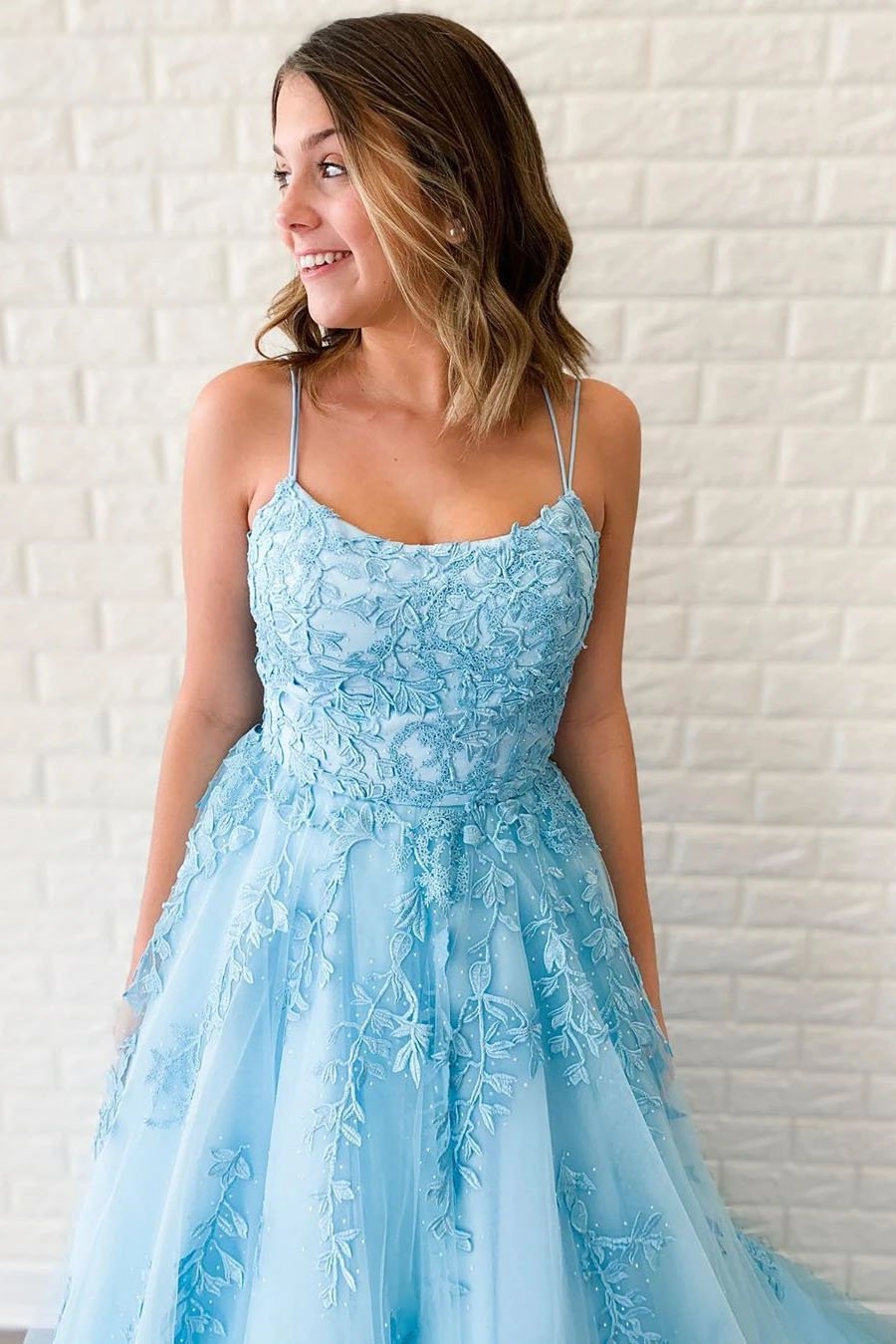 Unique A-Line Sky Blue Tulle Appliques Beads Scoop Prom Dresses with Lace SWK15681