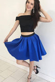 A-Line Black And Blue Satin Two Piece Off the Shoulder Homecoming Short Prom Dresses H1009