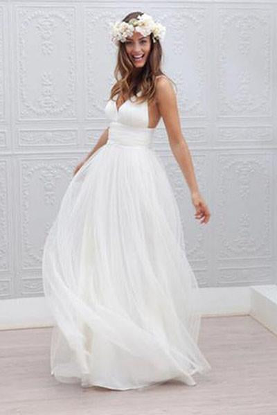 A-line Simple Spaghetti Straps Beach Wedding Dress Summer Coast Off White Bridal Gown W1014