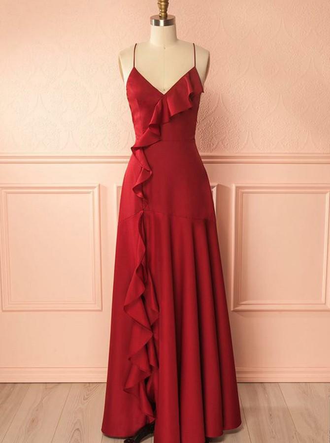 Simple Red Spaghetti Straps Ruffles With Split Long Prom Dresses