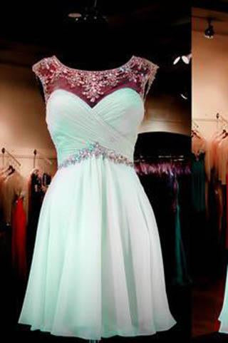 Mint Homecoming Dress A-line Empire Open Back Chiffon with Beaded Short Prom Dress WK902