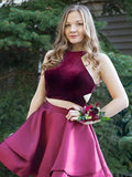 Cute A Line Burgundy Taffeta Two Pieces Halter Homecoming Dresses with Pockets WK978