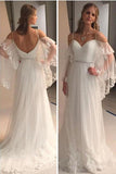 A Line Spaghetti Straps Sweetheart Lace Illusion Sleeves Backless Beach Wedding Dresses WK711