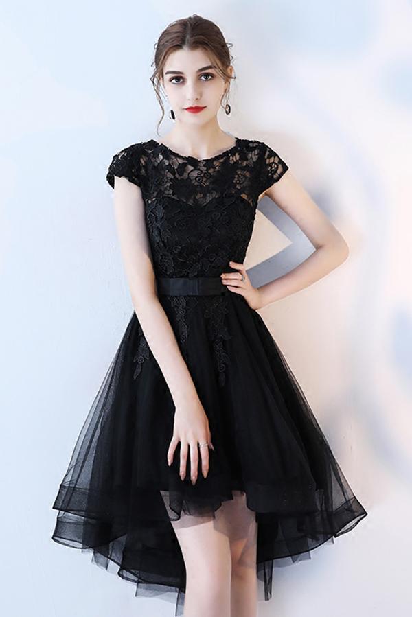 A Line Black High Low Scoop Cap Sleeve Tulle Homecoming Dresses with Lace Prom Dress WK854