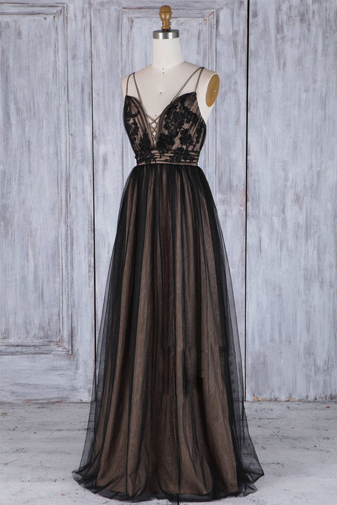 A Line Black Tulle V Neck Backless Lace Appliques Prom Dresses Simple Evening Dresses WK874