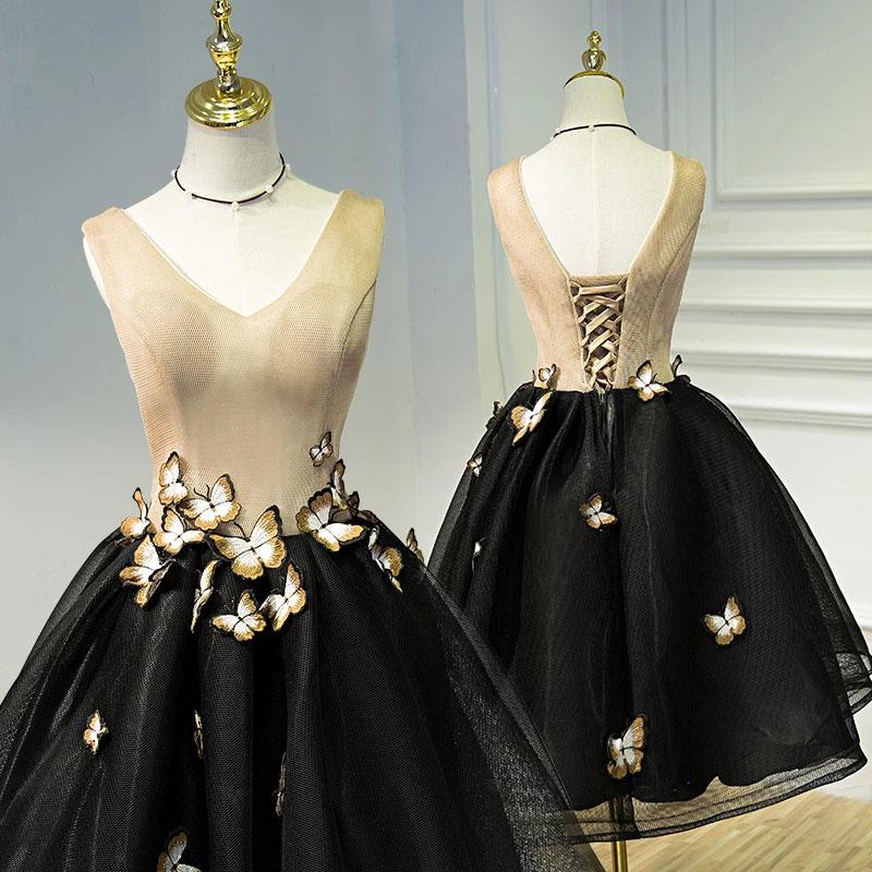 A Line Black V Neck Lace up Homecoming Dresses Sleeveless Prom Dress With Butterfly H1136
