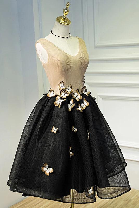 A Line Black V Neck Lace up Homecoming Dresses Sleeveless Prom Dress With Butterfly H1136