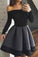 A Line Black and White Off the Shoulder Long Sleeve Short Homecoming Dresses with Lace H1311