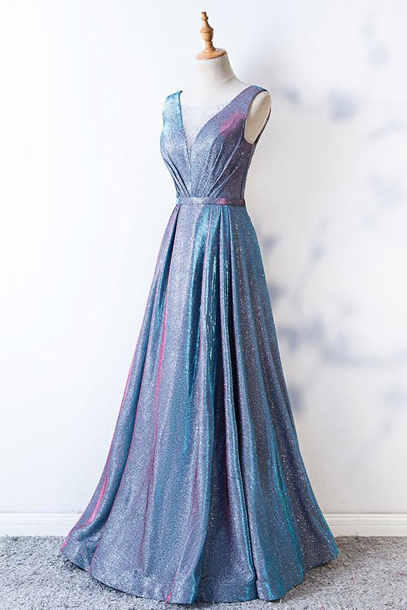 A Line Blue Lace up Ruffles Prom Dresses V Neck Satin Long Cheap Evening Dresses WK675