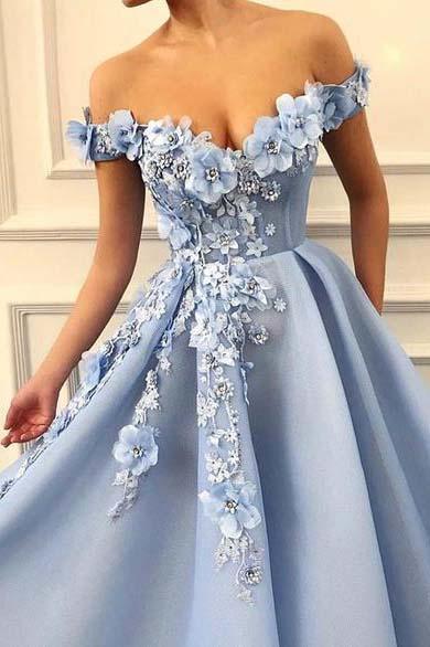 A Line Blue Off the Shoulder Tulle Lace Sweetheart 3D Flowers Prom Dresses Formal Dress WK464
