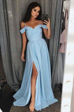A Line Blue Sweetheart Cold Shoulder Satin Prom Dresses with Slit Long Party Dress WK674