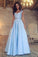 A Line Blue Two Piece Satin Sweetheart Prom Dresses Long Cheap Evening Dresses PW663