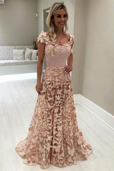 A Line Blush Pink 3D Butterfly Sweetheart Lace Long Prom Dresses with Cap Sleeve WK451
