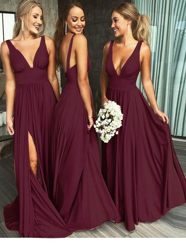 A Line Burgundy V Neck Ruffles Slit Bridesmaid Dresses Long Cheap Prom Dresses WK585