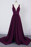 A Line Burgundy V Neck Ruffles Slit Bridesmaid Dresses Long Cheap Prom Dresses WK585