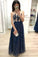 A Line Dark Blue Long Prom Dresses Sequins Sleeveless Evening Party Dresses WK905