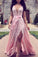 A Line Deep V Neck Pink Lace Sleeveless Prom Dresses Long Party Dance Dresses P1113