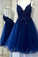 A Line Dual-Strapped Royal Blue V Neck Short Prom Dress with Beads Appliques WK858