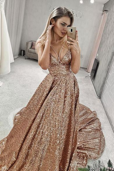 A Line Gold V Neck Sequin Long Prom Dress Long Cheap Evening Dresses WK849