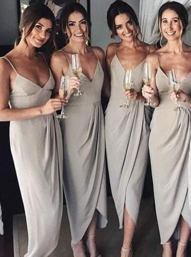 A Line Gray Spaghetti Straps V Neck Middle Slit Prom Dresses Bridesmaid Dresses WK912