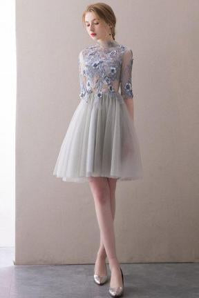 A Line Half Sleeve Lace Short Prom Dresses,High Neck Tulle Homecoming Dresses PW819