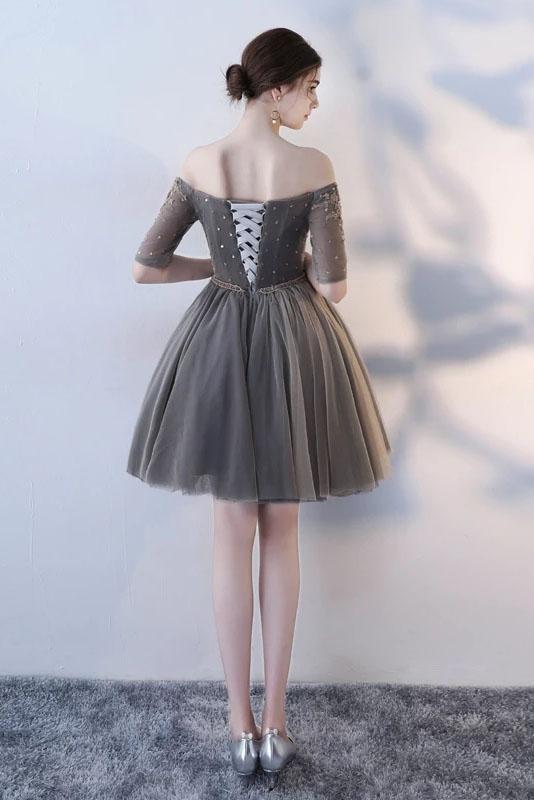 A Line Half Sleeves Gray Off the Shoulder Homecoming Dresses Short Prom Dresses H1135