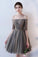 A Line Half Sleeves Gray Off the Shoulder Homecoming Dresses Short Prom Dresses H1135