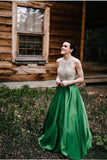 A Line Halter Emerald Green Beaded Prom Dresses Backless Satin Long Prom Dresses WK825