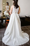 A Line Halter Ivory Satin Sleeveless Wedding Dresses Long Lace Prom Dresses WK431