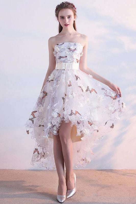 A Line High Low Straps Lace up Tulle Flower Homecoming Dresses Short Prom Dresses WK967