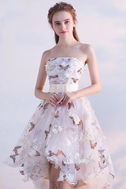 A Line High Low Straps Lace up Tulle Flower Homecoming Dresses Short Prom Dresses WK967