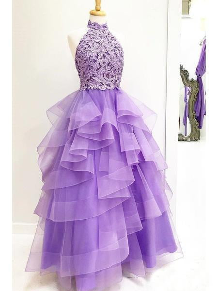 A Line High Neck Ruffles Lavender Ball Gown Prom Dresses with Appliques WK679