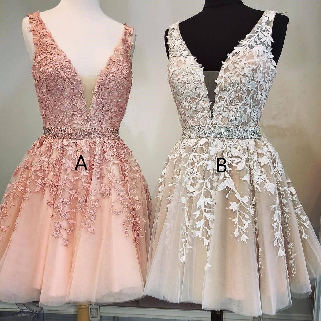 A Line Ivory V Neck Beads Straps Homecoming Dresses with Lace Appliques Short Party Dress H1146