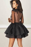 A Line Jewel Long Sleeve Black Above Knee Homecoming Dress with Appliques WK890