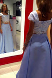 A Line Lace Two Piece Blue Satin Cap Sleeve Prom Dresses with Appliques WK640