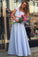 A Line Lace Two Piece Blue Satin Cap Sleeve Prom Dresses with Appliques WK640