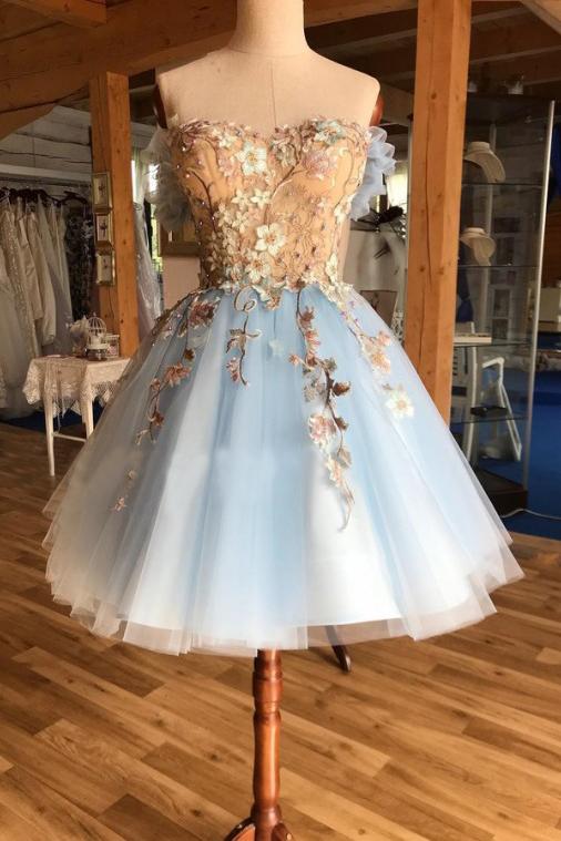 A Line Light Blue Off the Shoulder Above Knee Homecoming Prom Dress with Appliques WK939