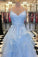 A Line Light Blue Spaghetti Straps Prom Dresses Sweetheart Long Evening Dresses WK606