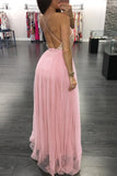 A Line Light Pink Tulle Deep V Neck Prom Dresses Sequins Backless Party Dresses WK351