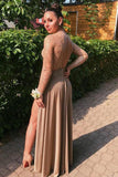 A Line Long Sleeve High Neck Brown Prom Dresses High Slit Floor Length Party Dresses WK932