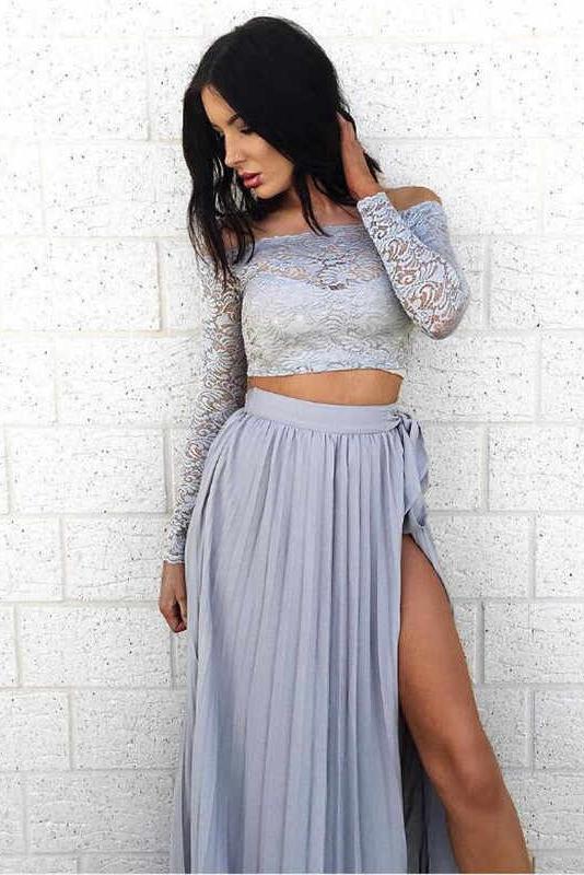 A Line Long Sleeve Two Pieces Off the Shoulder Prom Dresses with Lace Evening Dresses WK848