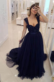 A Line Navy Blue Beaded Military Prom Dresses Tulle Straps Sweetheart Party Dresses WK744