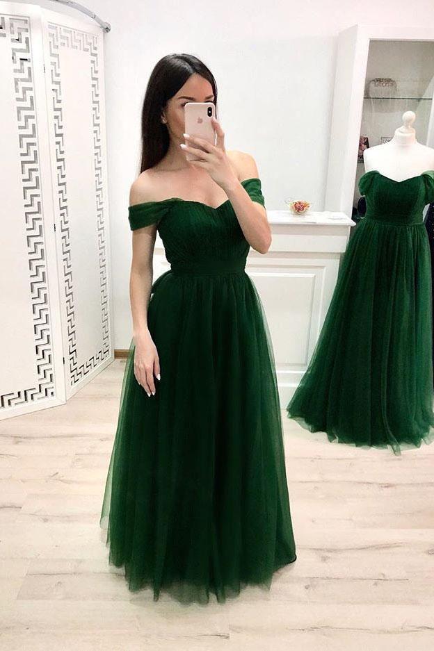 A Line Off the Shoulder Sweetheart Prom Dresses, Long Tulle Green Formal Dresses PW898