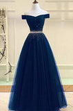 A Line Off the Shoulder Tulle Dark Blue Beads Prom Dresses Long Cheap Evening Dress PW687