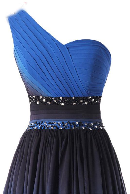 A Line One Shoulder Ombre Chiffon Blue Ruffles Prom Dresses Homecoming Dresses WK875