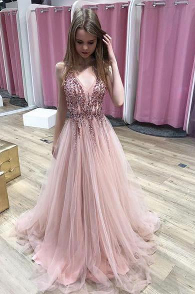 A Line Pink V Neck Tulle Sequin Beads Long Prom Dress, Cheap Graduation Dresses PW850