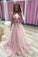 A Line Pink V Neck Tulle Sequin Beads Long Prom Dress, Cheap Graduation Dresses PW850