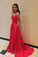 A Line Red Spaghetti Straps Open Back Prom Dresses with Slit Pockets PW686