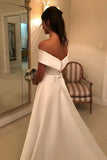 A Line Satin Off the Shoulder Ivory Wedding Dresses Short Sleeves Wedding Gowns WK493